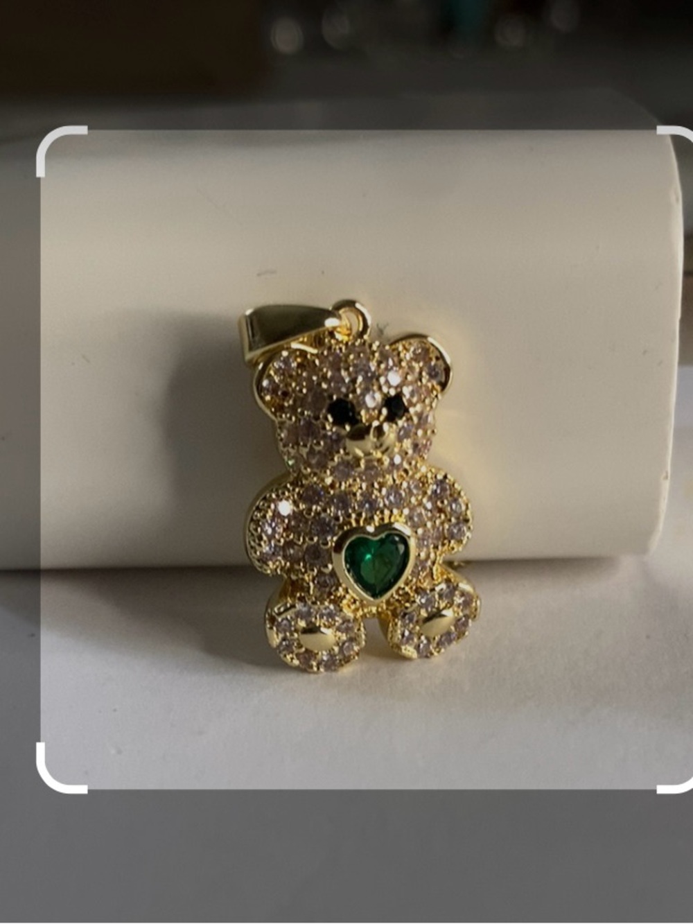 Gold Plated and Stainless Steel Chain-Teddy Bear Pendant with Green Heart Accent